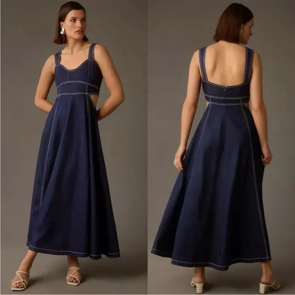 Anthropologie 2X Aureta Studio Corset Denim Cutout Plus Dress NWT - Picture 1 of 13